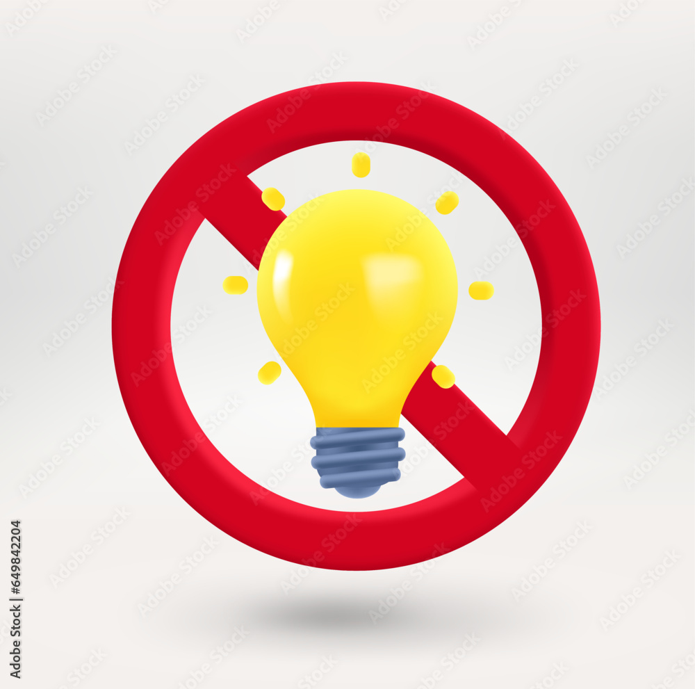 Poster Lighting bulb icon in red circle with crossed line. No light concept. 3d vector icon 