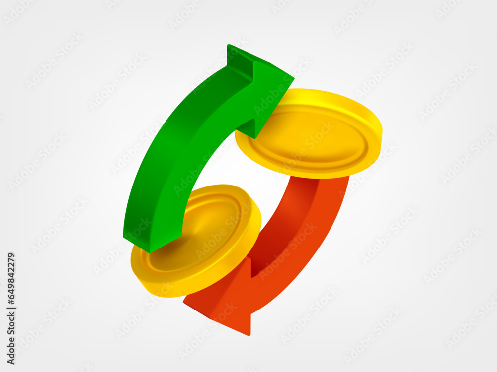Poster Two arrow in the circle with golden coins. Cashback concept. 3d vector icons isolated on white background