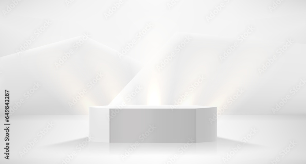 Aufkleber white illuminated studio with arc neon light and podium. 3d vector illustration