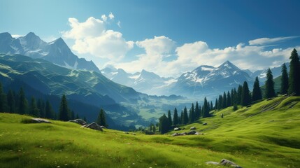 summer swiss mountain meadows illustration green alpine, europe nature, landscape field summer swiss mountain meadows