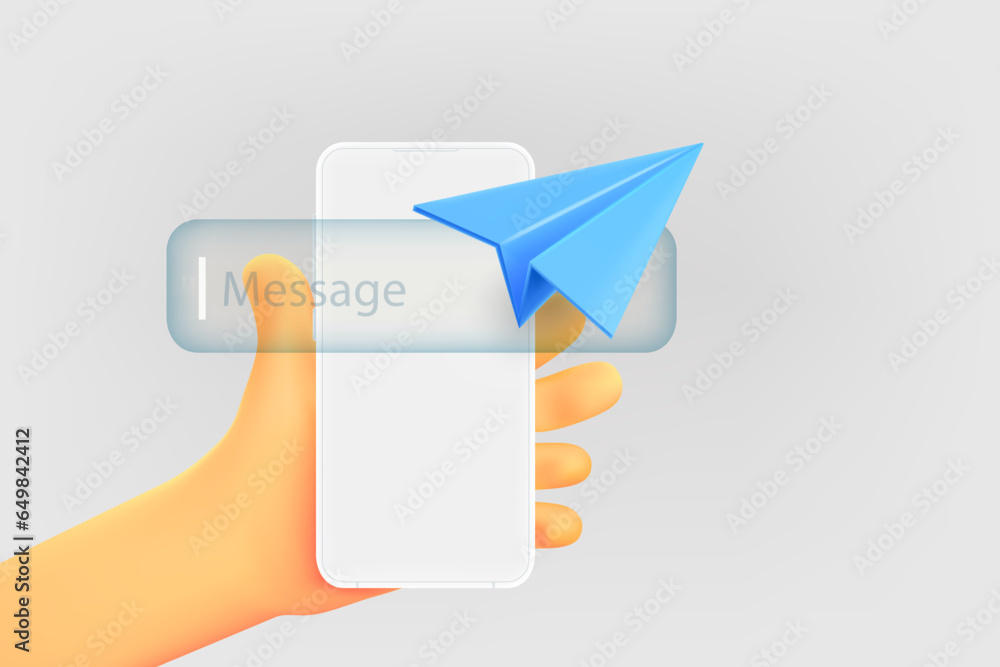 Aufkleber man holding mobile phone and sending the message. 3d vector illustration