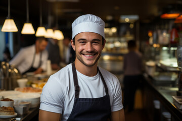 Portrait of chef in apron and toque standing in commercial kitchen. male profession concept
