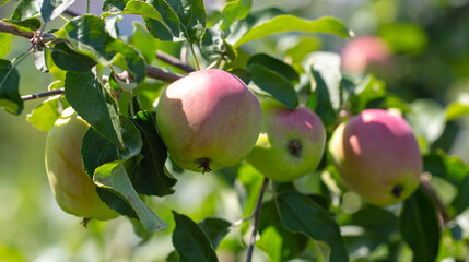 Ripe apples on the branches of a tree. Nature in the garden