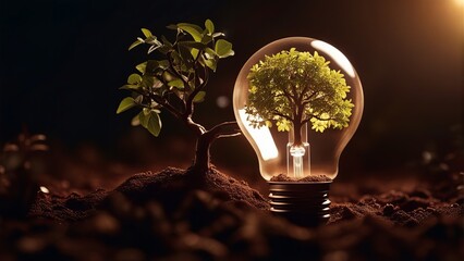 lightbulb tree with sunlight on soil. concept save world and energy power