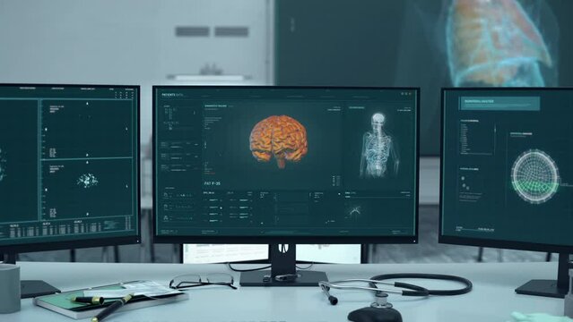 Futuristic Medical Diagnostic Software Detects Tumor Disease In Human Brain. Futuristic Organ Diagnostic Interface. Disease Scanner. Futuristic Healthcare Diagnostic Analysis Of Disease