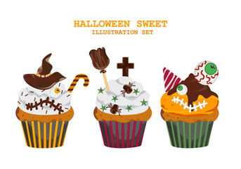 Halloween Cupcakes Scary decorated muffins, small cakes for October 31, and a scary dessert cartoon isolated on a white background. Editable space. For DIY cards. Vector illustration.