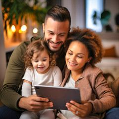 Interracial family of father and mother with their baby enjoying a digital tablet - obrazy, fototapety, plakaty