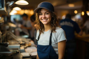 Smiling young waitress small business owner barista bartender in apron at the bar restaurant counter
