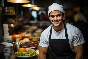 Portrait of chef in apron and toque standing in commercial kitchen. male profession concept - obrazy, fototapety, plakaty