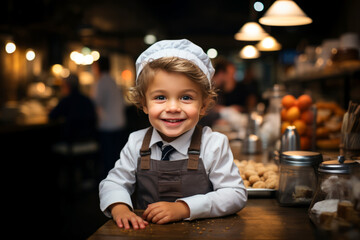 Cute little chef in apron and toque in restaurant looking at the camera - obrazy, fototapety, plakaty