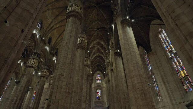 Interiors of the historic Milan Cathedral Duomo di Milano in Milan, Italy. 