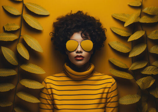 Medium closeup of a beautiful girl with curly brown hair, yellow sunglasses, stripes yellow turtleneck sweater in fromt of a mustard color wall with leaves. 