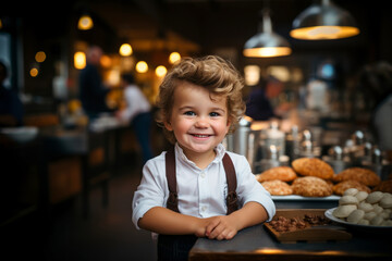 Cute little chef in apron in restaurant looking at the camera