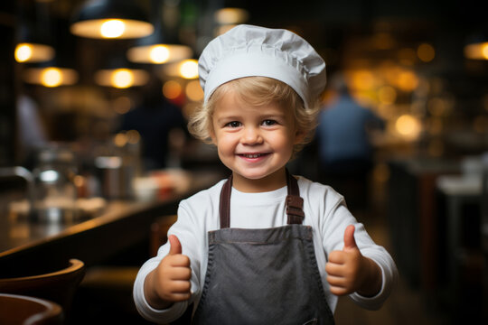 Cute little chef in upron and toque gesturing thumbs up in restaurant