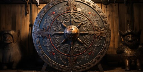 Fototapeta na wymiar Wooden Viking shield with forged details. Generative AI