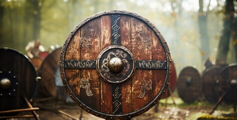 Wooden Viking shield with forged details. Generative AI