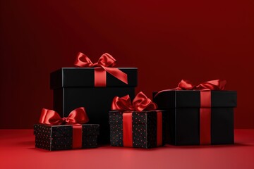 Obraz premium Black gift boxes with red bow, sales and black friday concept. Generative AI