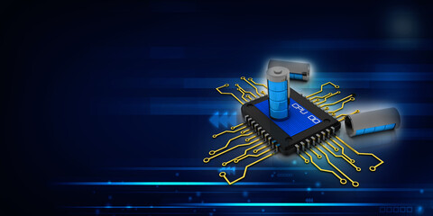 3d rendering Electrical energy and power supply source concept, accumulator battery with computer chip