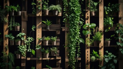 Recycled pallets with hanging plants creating a vertical garden