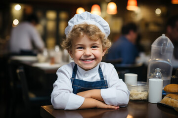 Cute little chef in apron and toque in restaurant looking at the camera
