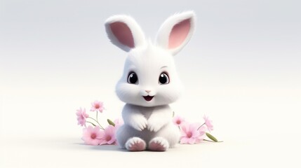 Fototapeta premium baby bunny cute cartoon style sakura white background Generative Ai
