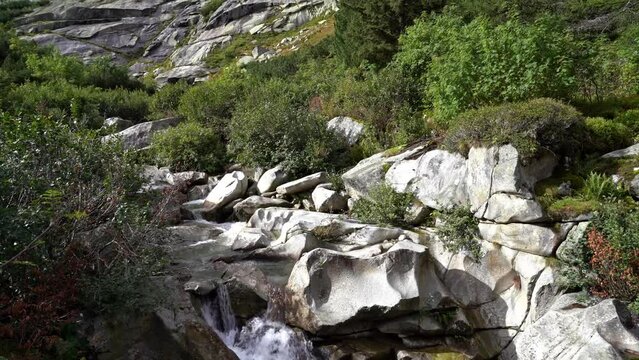 Splashing litte waterfall at river in the Swiss Alps at hiking trail to Grimsel mountain pass on a late summer day. Movie shot September 19th, 2023, Grimsel mountain pass, Canton Bern, Switzerland.