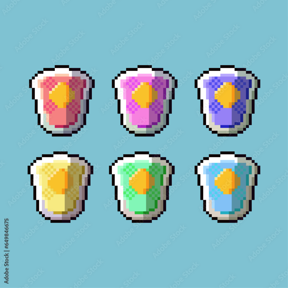 Poster pixel art sets of shield for defense with variation color item asset. simple bits of shield rpg game