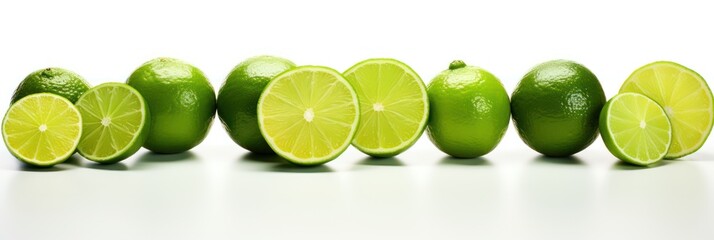 Limes in a row isolated on white, green lemons citrus cut and whole banner