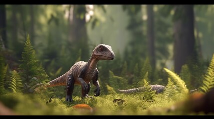 baby dinosaur following mommy dinosaur eating forested Generative Ai