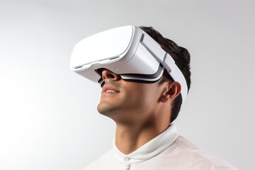 Young man with virtual reality glasses, technology and entertainment concept. Generative AI