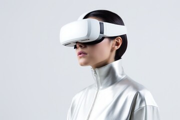Young girl with virtual reality glasses, technology and entertainment concept. Generative AI