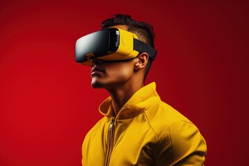 Fototapeta premium Young man with virtual reality glasses, technology and entertainment concept. Generative AI