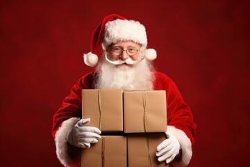 Santa claus holding gift box, red background, christmas celebration. Generative AI