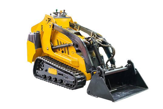 excavator tracked loader or crawler with front boom bucket dipper component for heavy construction digging and loading material isolated on white with clipping path