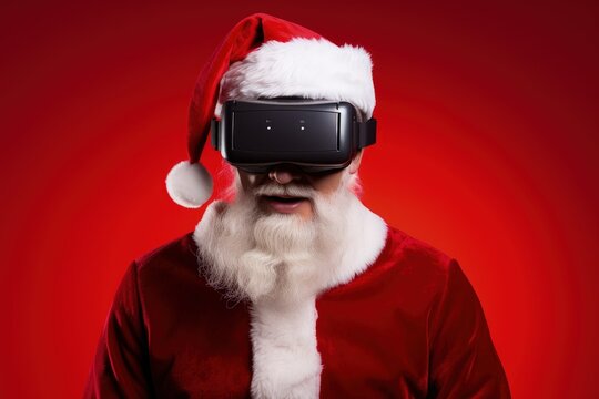 Santa Claus with virtual reality glasses, red background. Generative AI