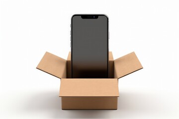 Cardboard box with cell phone inside, white background. Generative AI
