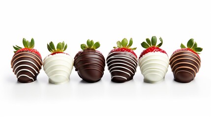 Assorted chocolate dipped strawberries array on white background, homemade sweets great for Valentine's and Christmas gift, copy space.