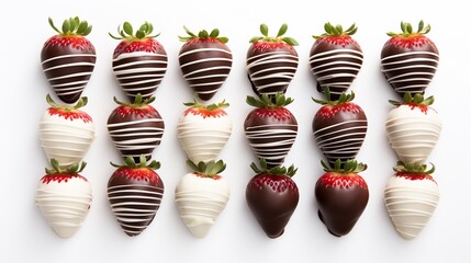 Assorted chocolate dipped strawberries array on white background, homemade sweets great for Valentine's and Christmas gift, copy space.