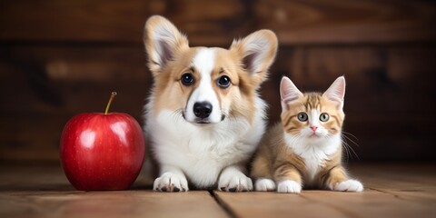 A cute Tabby kitten cat and a corgi puppy dog with a ripe fresh apple isolated on wooden floor with copy space, pet family concept.
