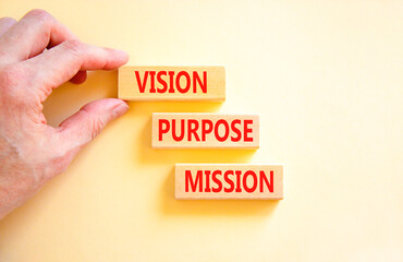 Vision purpose mission symbol. Concept word Vision Purpose Mission on beautiful block. Beautiful white table white background. Business motivational vision purpose mission concept. Copy space.
