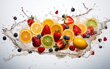 A spectacular explosion of various berries and fruits on a monochrome background. Water splash and freshness of berries and fruits