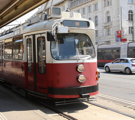 RED TRAM of public transport in the city