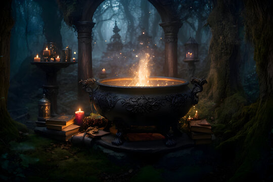 Enchanting Witch's Lair in Mystical Forest: Fantasy Artwork with Cauldron, Spells, and Magical Creatures - Eerie & Ethereal Moonlit Scene
