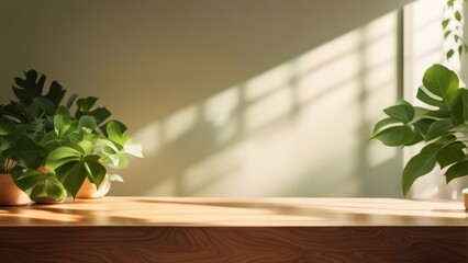 wood table backgorund with sunlight window create leaf shadow on wall with blur indoor green plant 