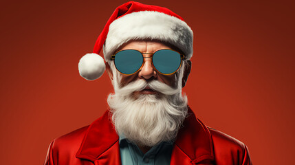 Santa with mirror sunglasses - close-up - red background - pop art style - Christmas - holiday -...