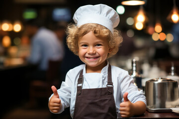 Cute little chef in upron and toque gesturing thumbs up in restaurant