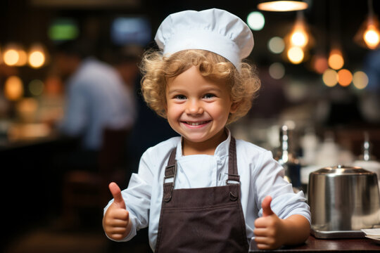 Cute little chef in upron and toque gesturing thumbs up in restaurant