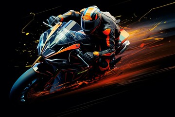 Motorbike racing with a dynamic vibe, showcasing speed on a solid black background with ample space on top. Generative AI
