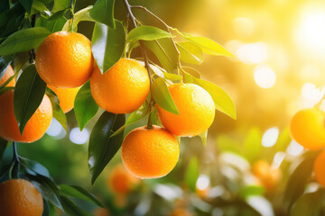 Orange tree branch, green leaves and ripe oranges citrus fruits hanging, closeup