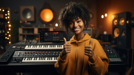 Beautiful pretty smiling African American young woman musician showing like gesture while sitting at music studio